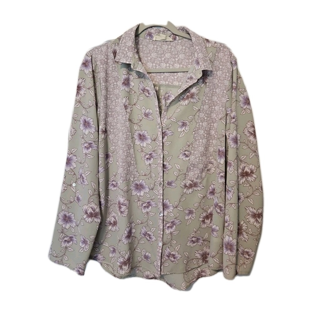 Long Sleeve Top Women's Lavender‎ Sage Green Floral Spring Summer Gardener Tea